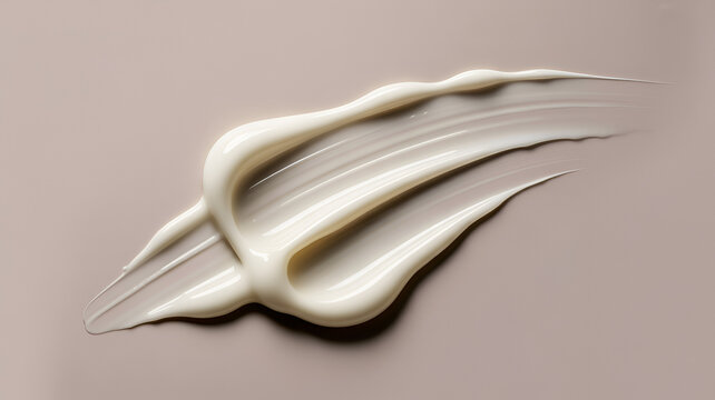 Smooth swirl of white cosmetic cream on a soft beige background, macro texture of skincare lotion or moisturizer for beauty product advertising