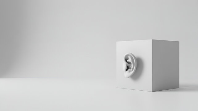 Surreal conceptual featuring a realistic human ear emerging from the side of a clean white cube, isolated on a plain white studio background