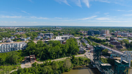 Naklejka premium Aerial shot of office buildings, apartments and homes in downtown Cleveland Ohio USA