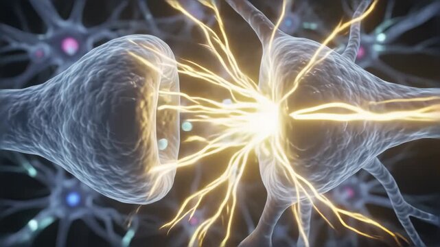 Neurons transmitting electrical signals across synapses in a connected nerve cell network with glowing impulses

