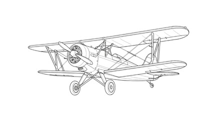 Detailed 2D AutoCAD Vector drawing of a vintage biplane in flight outdoors © Stock Image Paradise