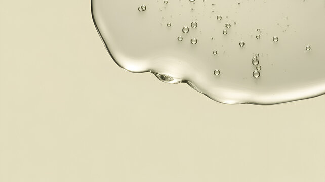 Transparent cosmetic oil or serum drop with tiny air bubbles dripping down on a light beige background, for skincare product marketing
