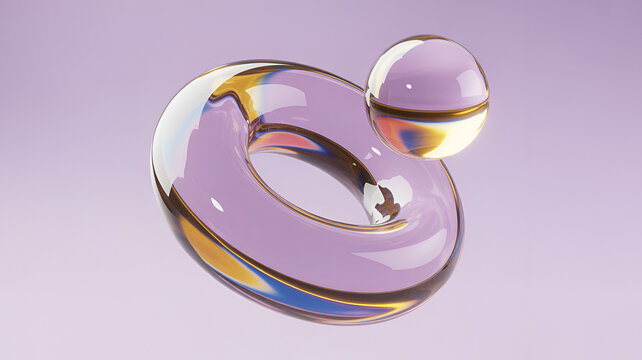 Transparent glass torus ring and a floating sphere with purple tint, reflecting light and colors against a soft, solid light purple background