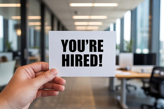 A hand holding a card with youre hired message in a modern office space