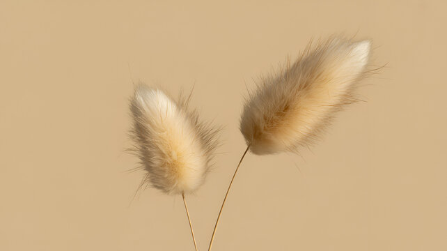 Two fluffy lagurus ovatus dried grass stems with soft white and beige textures isolated against a solid neutral light brown studio background