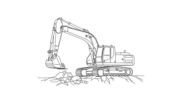 A 2D AutoCAD Vector illustration of an excavator digging earth on a construction site