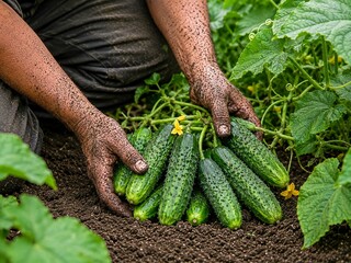 Fototapeta premium Muddy Hands Holding Fresh Cucumbers