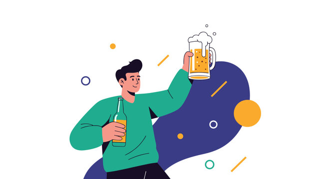 Joyful man celebrating with a bottle and a glass of beer against a dynamic abstract purple and white background.
