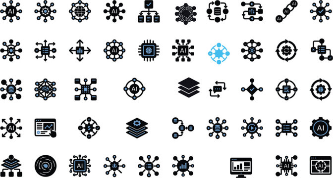 Data infrastructure and network architecture icon set, decentralized blockchain and cloud computing symbols, microchip hardware neural grid and server database vector icons, computer engineering netwo