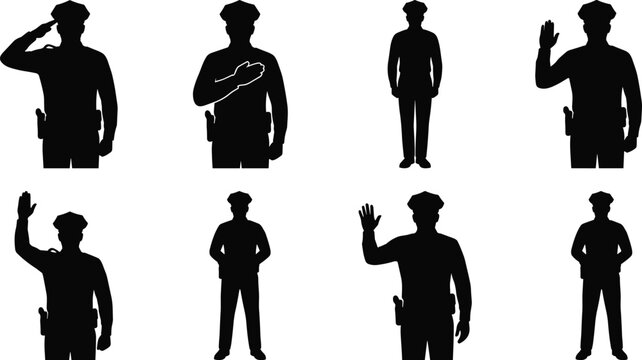 Police officer uniform silhouette poses set