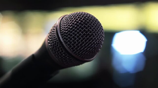 Microphone For Podcasting Close Up With Blurred Studio Lights - 4K