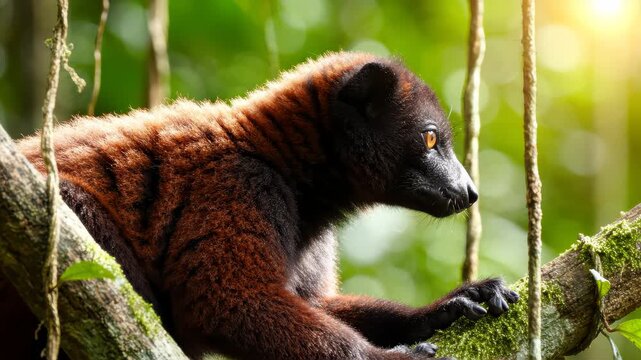 Close up portrait shot of a Red ruffed lemur (varecia rubra) with distinctive black face and rust-red fur.