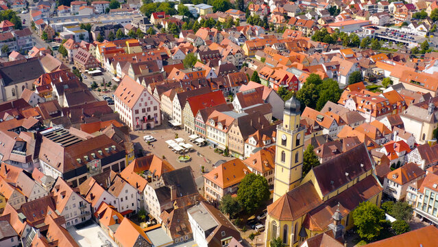 Panoramic aerial view of the old town beside the city Bad Mergentheim in Germany, Baden-W&uuml;rttemberg on a sunny day in Spring