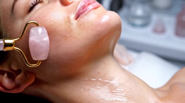 Woman receiving facial massage with rose quartz roller at spa