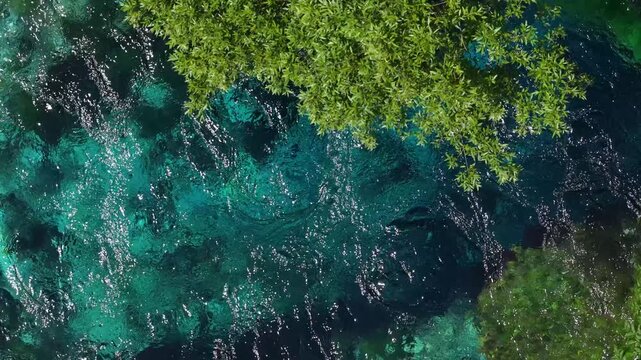 Aerial view of the Blue Eye natural spring with crystal clear turquoise water and lush green foliage in Finiq, Vlore County, Albania.