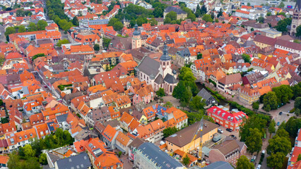 Naklejka premium Panoramic aerial view of the old town beside the city Ettlingen close to Karlsruhe in Germany, Baden-Württemberg on a sunny day in Spring