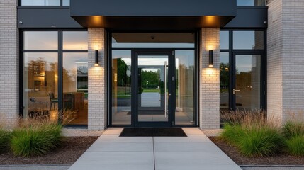Fototapeta premium Modern entryway of a home with a dark gray door, stone pillars, and large windows creates a welcoming atmosphere during daylight hours