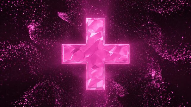 A glowing pink cross shines brightly on a dark background with sparkling particles.