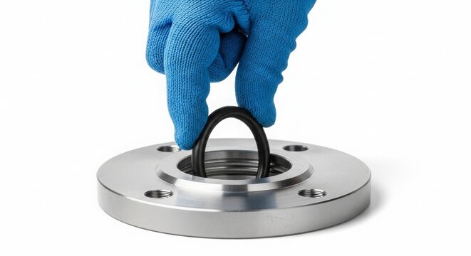 Blue gloved hand installing a black o-ring seal onto a metal flange component