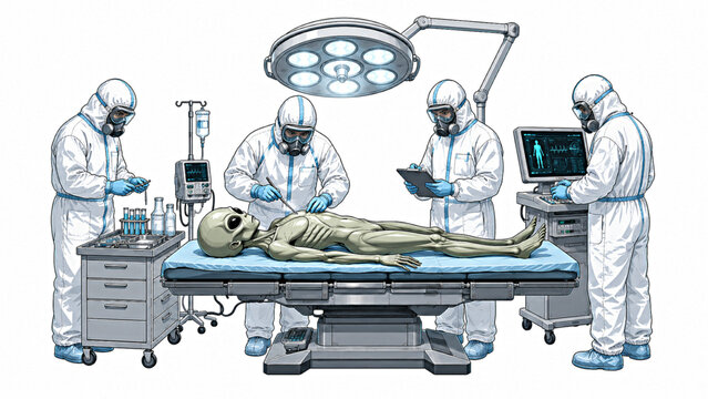 alien under medical examination by scientists in hazmat suits vector