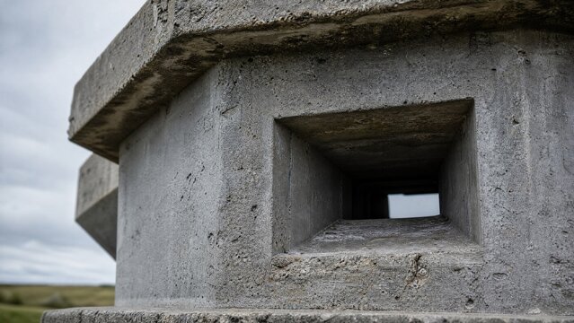 Close-up of a grey concrete blockhouse, square firing port and rough textured surface.