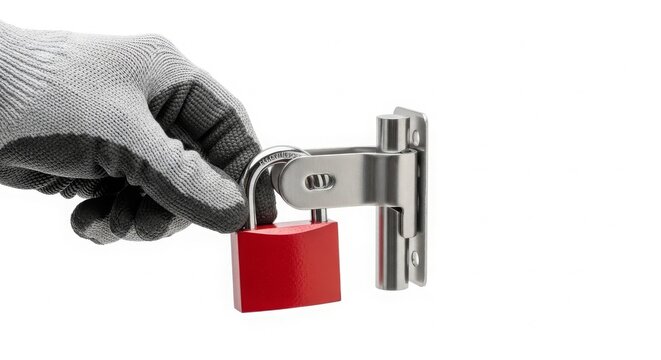Hand in glove secures red padlock onto metal hasp on white background for security and protection