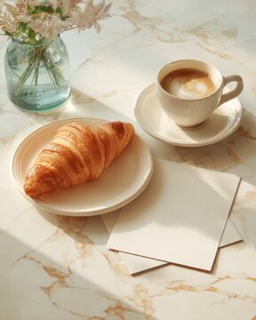 Croissant and cup of coffee with blank invitation cards on marble table