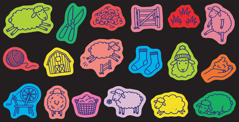 Colorful cartoon sheep and wool-related icons on a black background, depicting various stages of wool production and farm life. © Riki