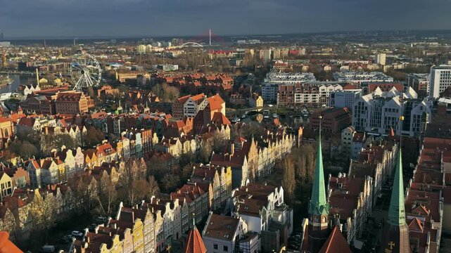 Aerial Panoramic View of Gdansk Old Town with Ferris Wheel, Poland