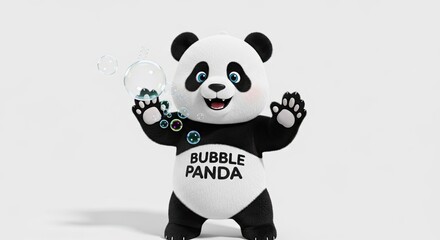 Fototapeta premium 3D rendered panda character playing with bubbles on white background.