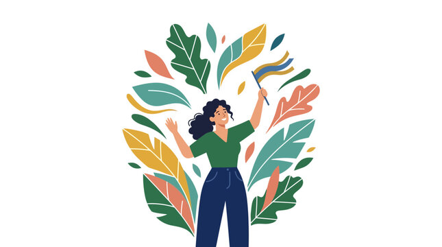 Woman Holding Rainbow Flag Amidst Floral Leaves, Pride Celebration