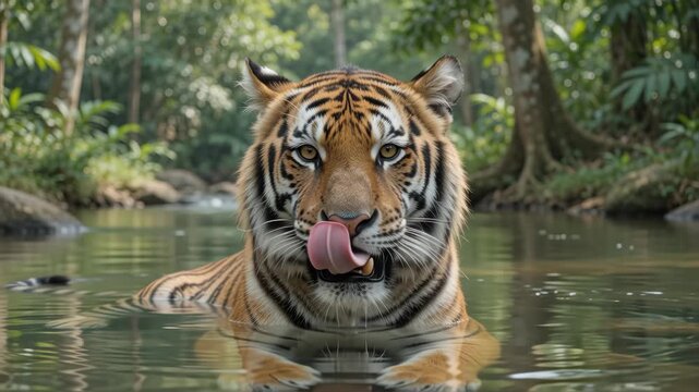 Tiger head portrait closeup looking at camera sitting in river water among trees. Large young Siberian tiger. Tiger cooling himdelf. Wild cat in natural habitat. Singapore zoo. Wildlife mammal animals