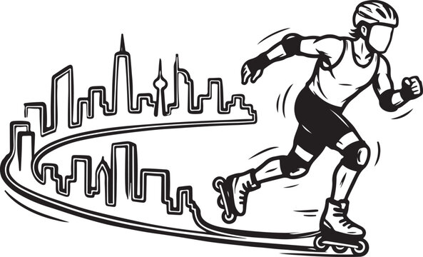 Inline Skater, City Skyline, Black and White Vector, Sports Illustration, Urban Recreation