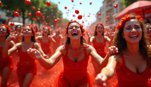A group of women wearing matching red dresses and red hats, smiling together in a festive outdoor setting.