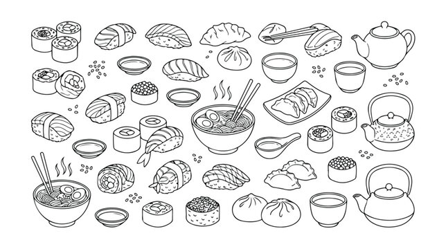 Asian food doodle vector set, hand-drawn sushi, ramen, dim sum, and tea ceremony elements, traditional Japanese and Chinese cuisine illustrations for menus and restaurant branding