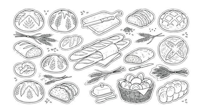 Artisan Bakery Bread Vector Icon Set, Hand-Drawn Outline Collection of Fresh Baked Goods, Wheat, and Butter, Perfect for Menus and Food Packaging Design