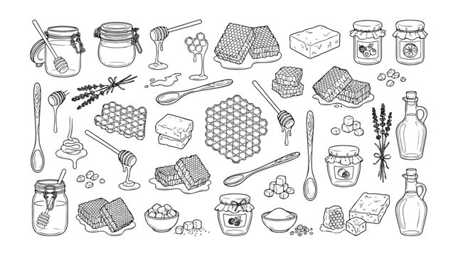 Natural Honey and Beekeeping Vector Icon Set, Hand-Drawn Outline Collection of Sweet Golden Nectar, Honeycomb, Jars, and Utensils, Perfect for Organic Food and Wellness Designs