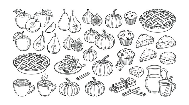 Autumn Harvest Food and Drink Vector Icon Set, Hand-Drawn Fall Season Produce and Baked Goods Collection, Thanksgiving Holiday Meal Ingredients, Cozy Beverage Illustrations