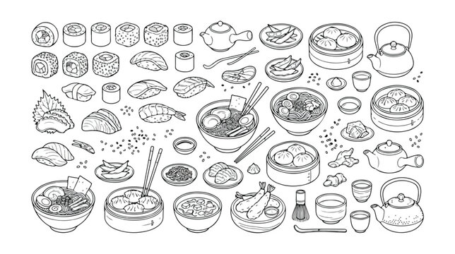 Japanese and Asian Cuisine Vector Line Art Collection, Hand-Drawn Sushi, Ramen, Dim Sum, and Tea Set Icons, Traditional Food and Drink Illustrations for Menus and Restaurant Branding