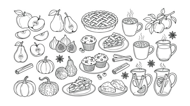 Autumn Harvest Food and Drink Vector Icons, a delightful collection of fall fruits, baked goods, and warm beverages, perfect for seasonal designs and Thanksgiving menus