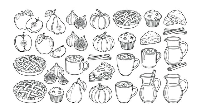Autumn Harvest Food and Drink Vector Icons, Hand-Drawn Fall Season Delicacies, Thanksgiving Dessert and Beverage Line Art Set, Cozy Seasonal Treats for Digital Design