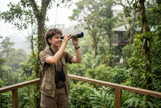 Smiling young explorer using a monocular spotting scope on the wooden deck of a tropical rainforest eco-lodge