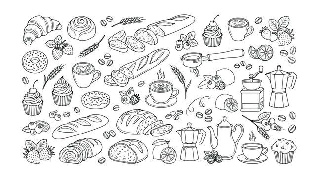 Bakery and Coffee Shop Line Art Vector Set, Hand-Drawn Pastries, Breads, and Hot Beverages, Delicious Breakfast Food Collection, Cafe Menu Elements
