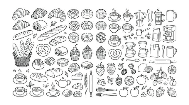 Hand-drawn bakery and coffee shop vector icon set, delicious pastries, fresh bread, sweet donuts, hot beverages, and fruit illustrations, perfect for menu design or food blogs