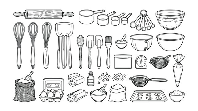 Baking Utensils and Ingredients Vector Set, Hand-Drawn Kitchen Tools and Supplies, Culinary Equipment for Pastry and Dessert Preparation, Monochrome Outline Art for Cookbooks and Menus