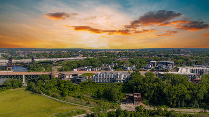 Obraz premium Aerial shot of office buildings, apartments and homes in downtown Cleveland Ohio USA