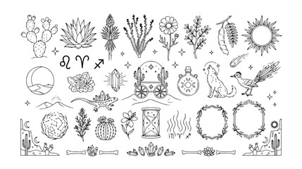 Boho mystical desert vector icon set, celestial and western-themed line art graphics, spiritual astrology symbols, botanical elements, and wild west illustrations for bohemian design projects © Nasra