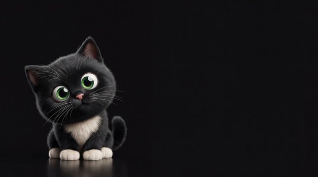 Cute black tuxedo kitten cartoon character with big green eyes sitting on dark background looking curious. Adorable 3D animated pet portrait for animal lovers, web design, and digital art projects.