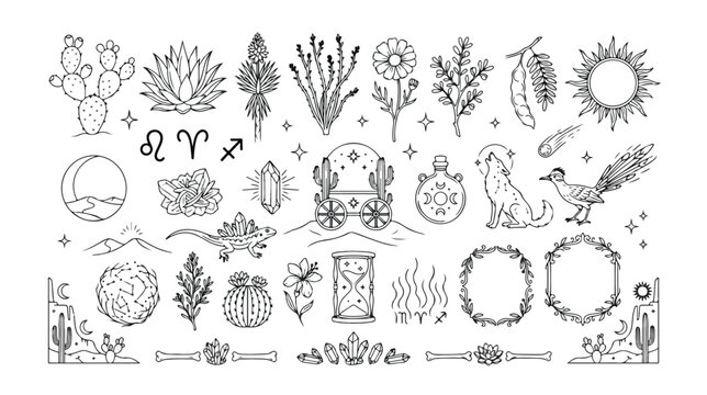 Boho mystical desert vector icon set, celestial and western-themed line art graphics, spiritual astrology symbols, botanical elements, and wild west illustrations for bohemian design projects