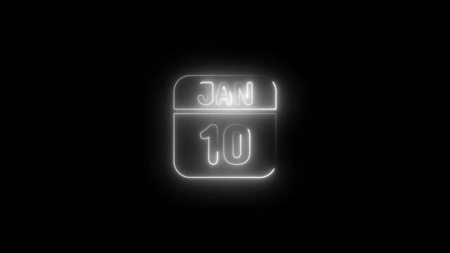 Neon calendar january 10th glowing date sign animation 4k  video on black background